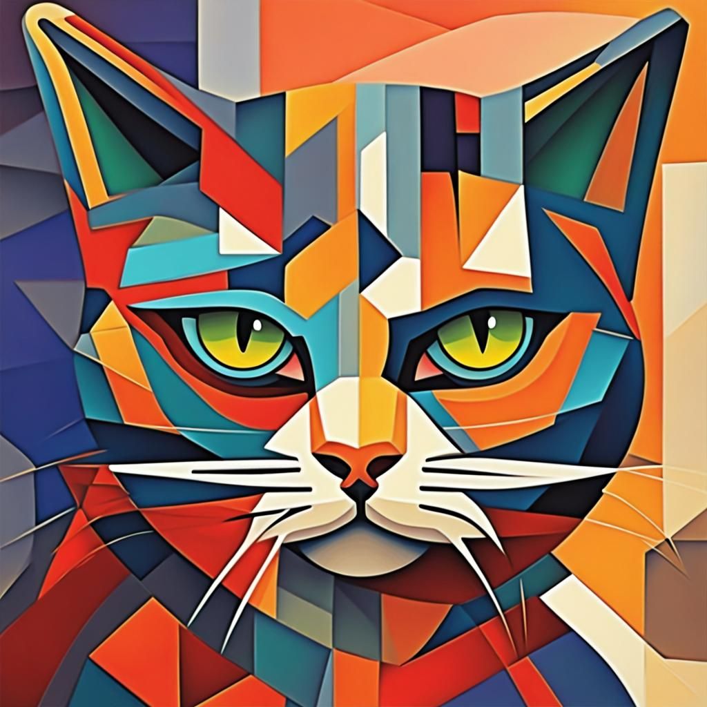 Cubist Cat Painting in Geometric Art Deco Style