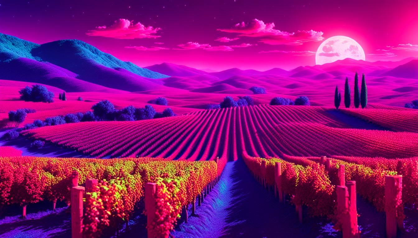 Vaporwave Vineyard: Neon Summer Landscape in 3D