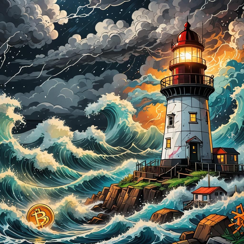 Bitcoin Lighthouse in Stormy Graffiti Art