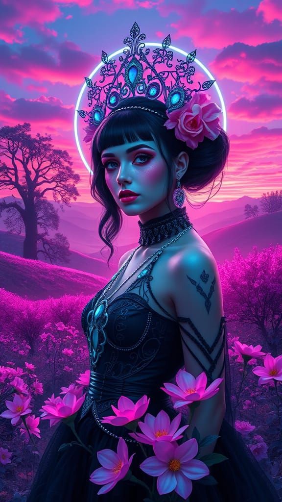 Cyber-Goth Queen Reigns in Vibrant Spring World Aesthetic