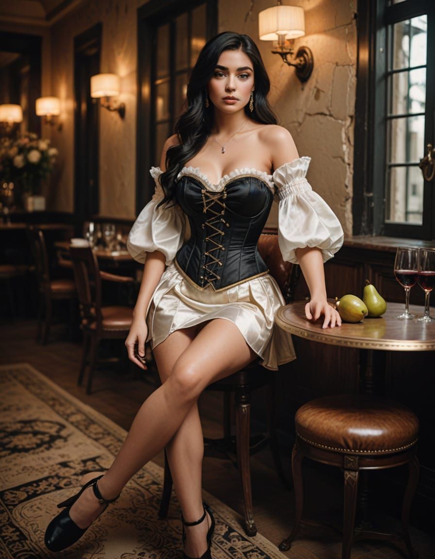 Elegant Woman in Corset and Skirt, Hyperrealistic Photograph...