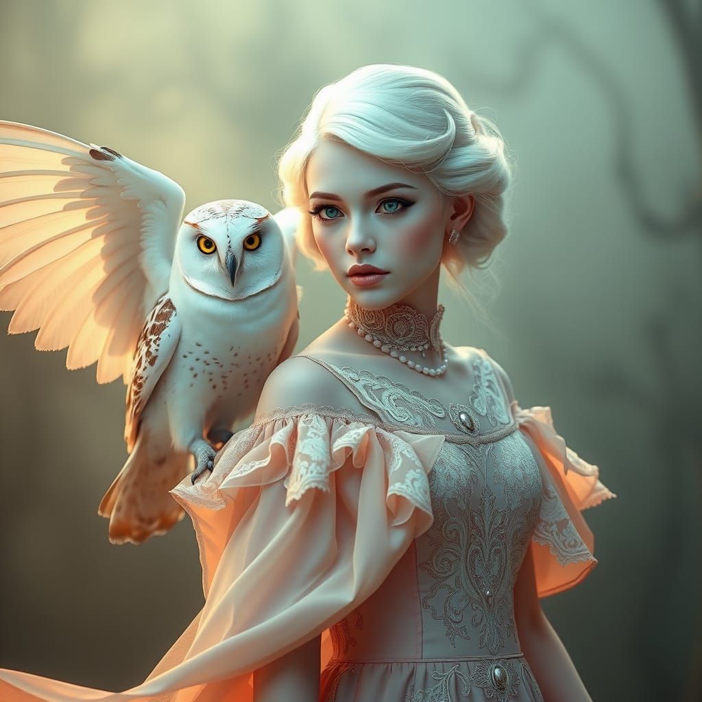 Deco art, high resolution digital photograph of an owl sitting on the shoulder of a young woman
