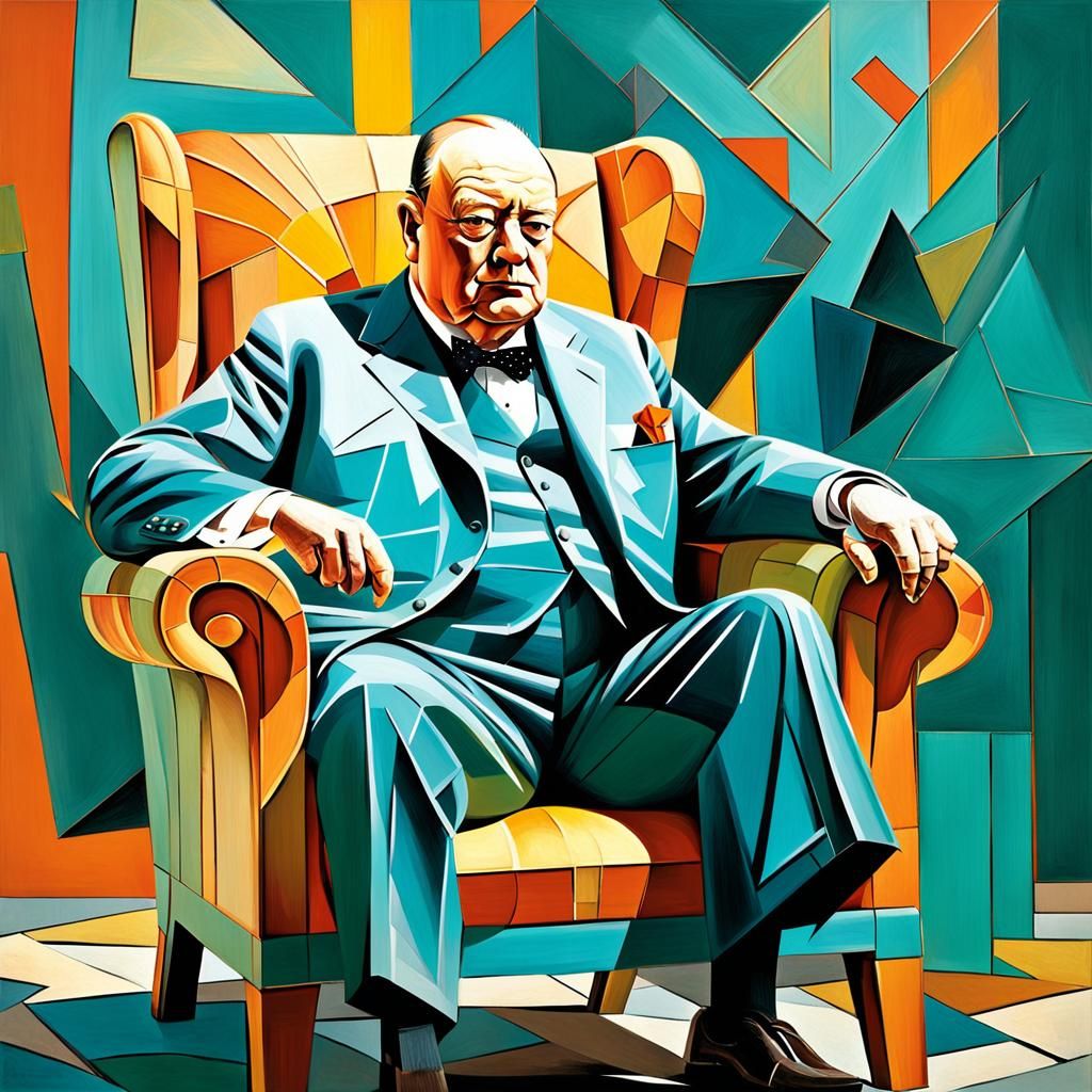 Cubist Winston Churchill Portrait in Turquoise and Orange