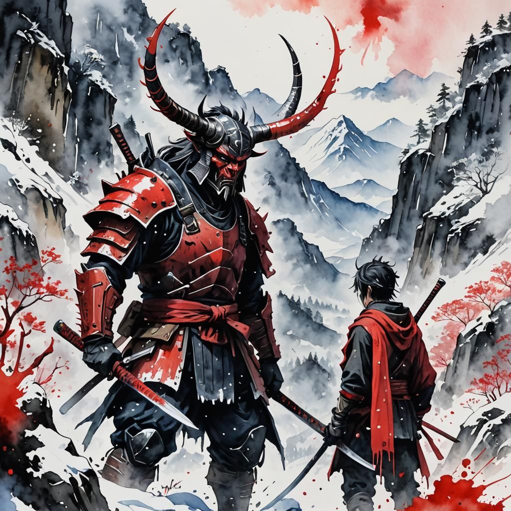 Ronin Faces Oni in Snowy Mountains: Anime Watercolour