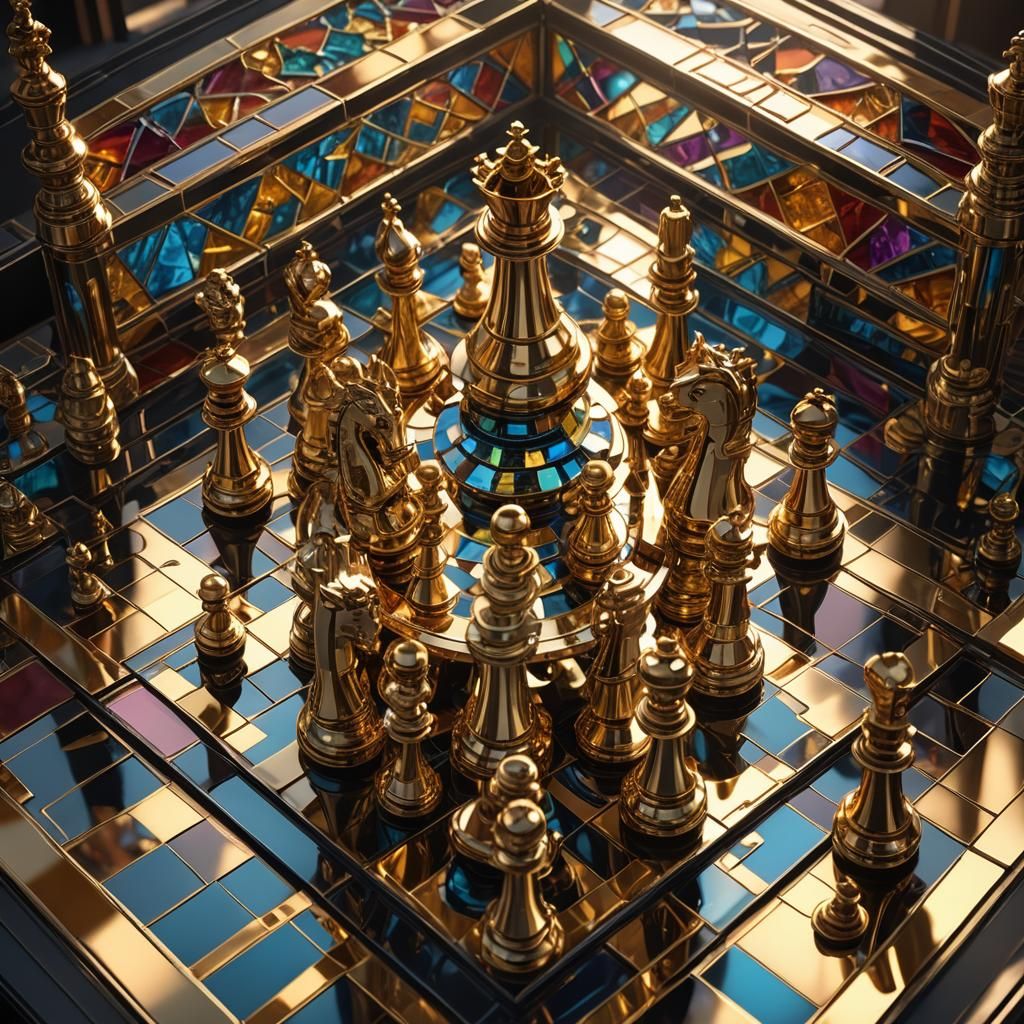 Golden Chess Set on Stained Glass in Sci-Fi Render