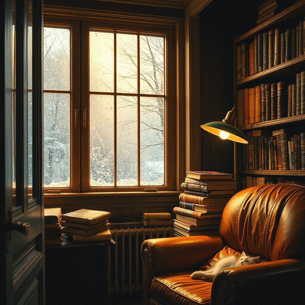 Cozy Vintage Library in Snowfall