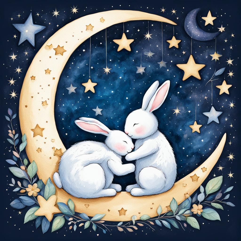 Cuddly Bunnies Snuggling on a Crescent Moon