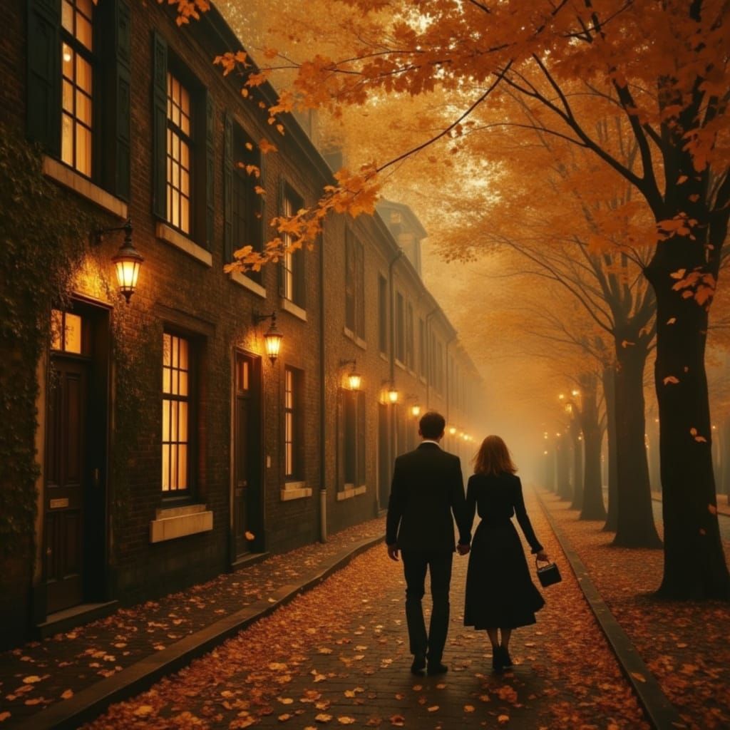 Romantic Autumn Cobblestone Street Scene