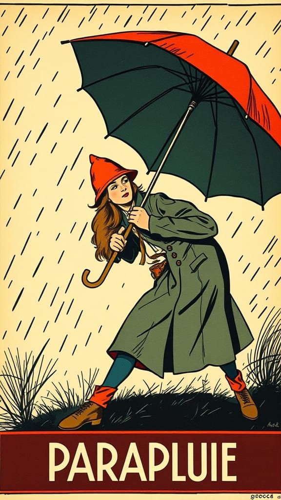 Belgian Art Deco Poster: Maa A N Battles Umbrella in Gale