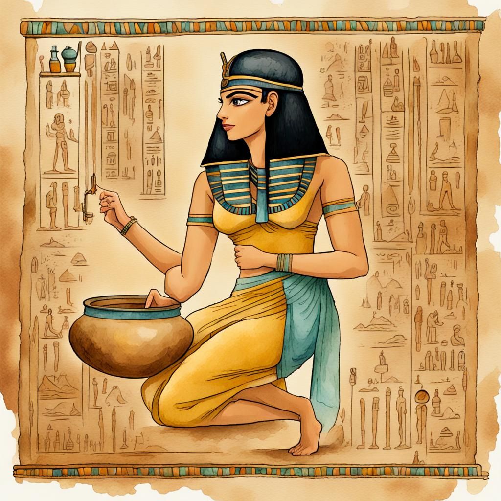 Egyptian Woman at Nile on Parchment in Detailed Matte Painti...