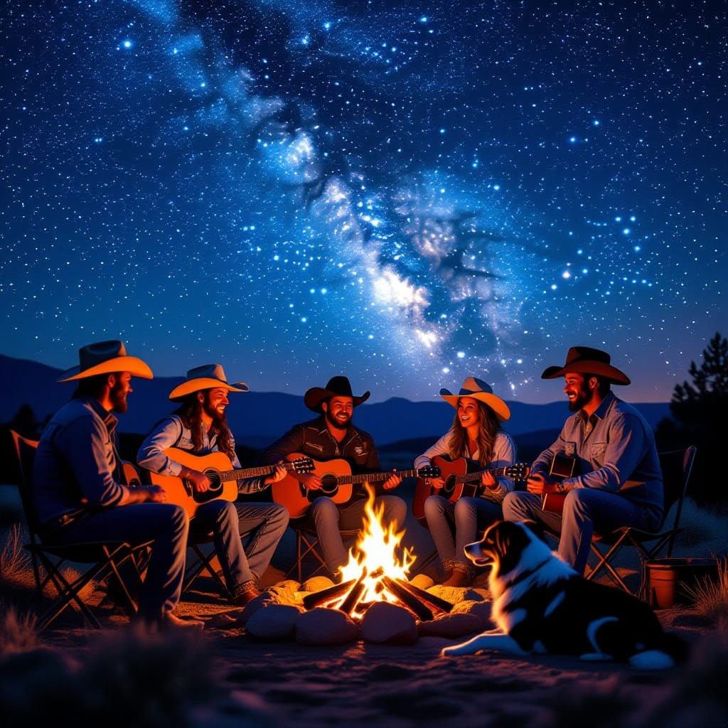 Cowboy Campfire Serenade Under Starry Night Sky