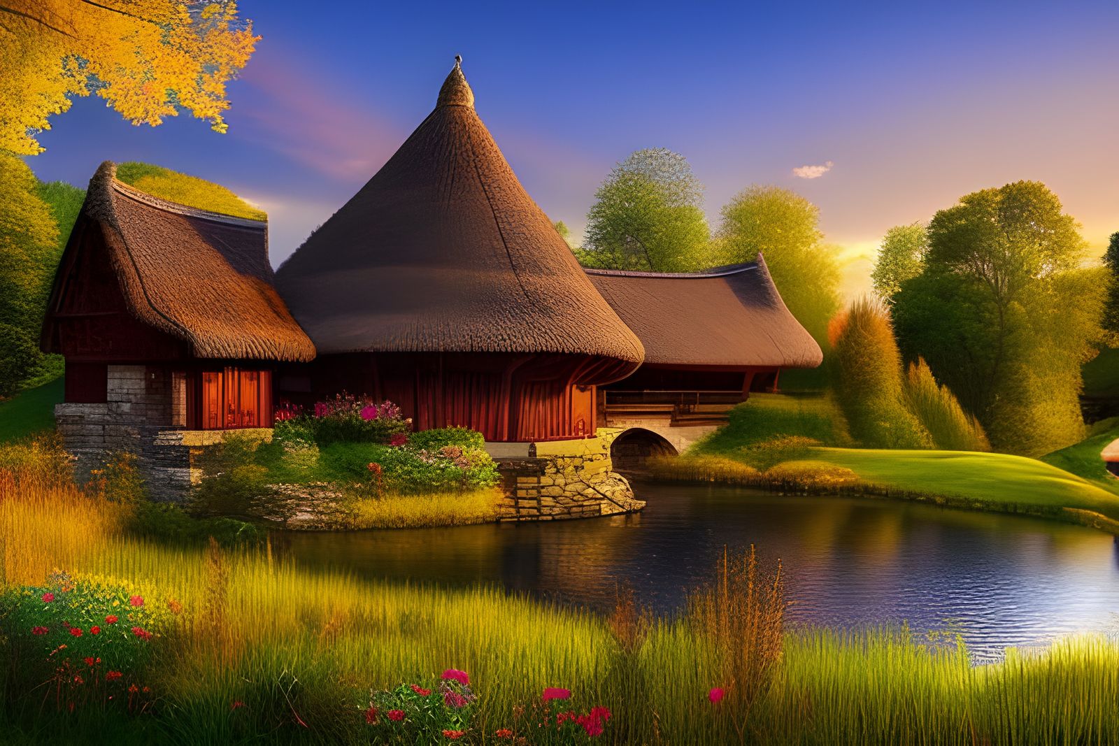 Medieval Millhouse in Autumn Landscape, Digital Illustration