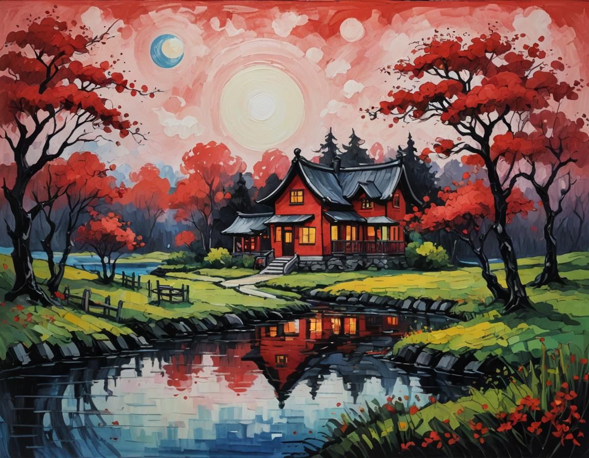 Cottage Near Lake in Chinese Ink Scroll Style