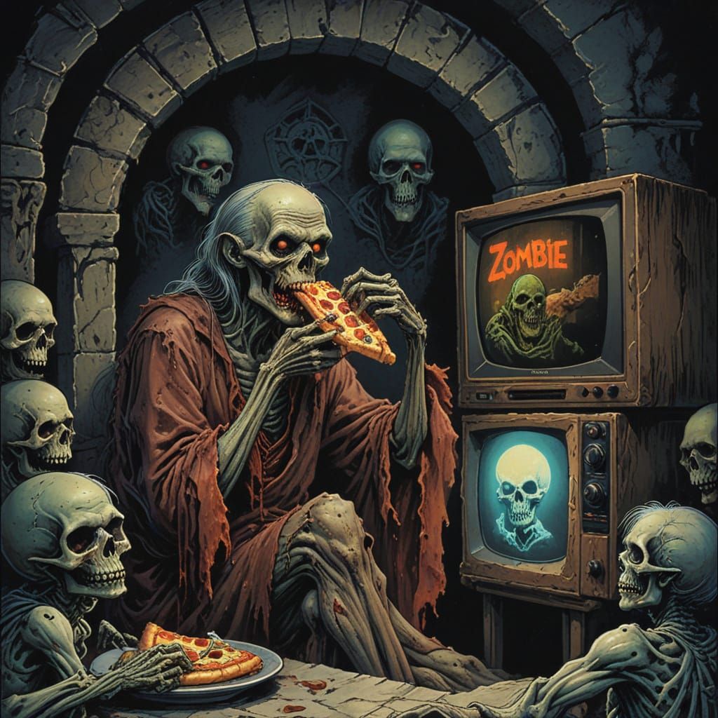, a zombie crypt keeper eating pizza whilst watching tales f...