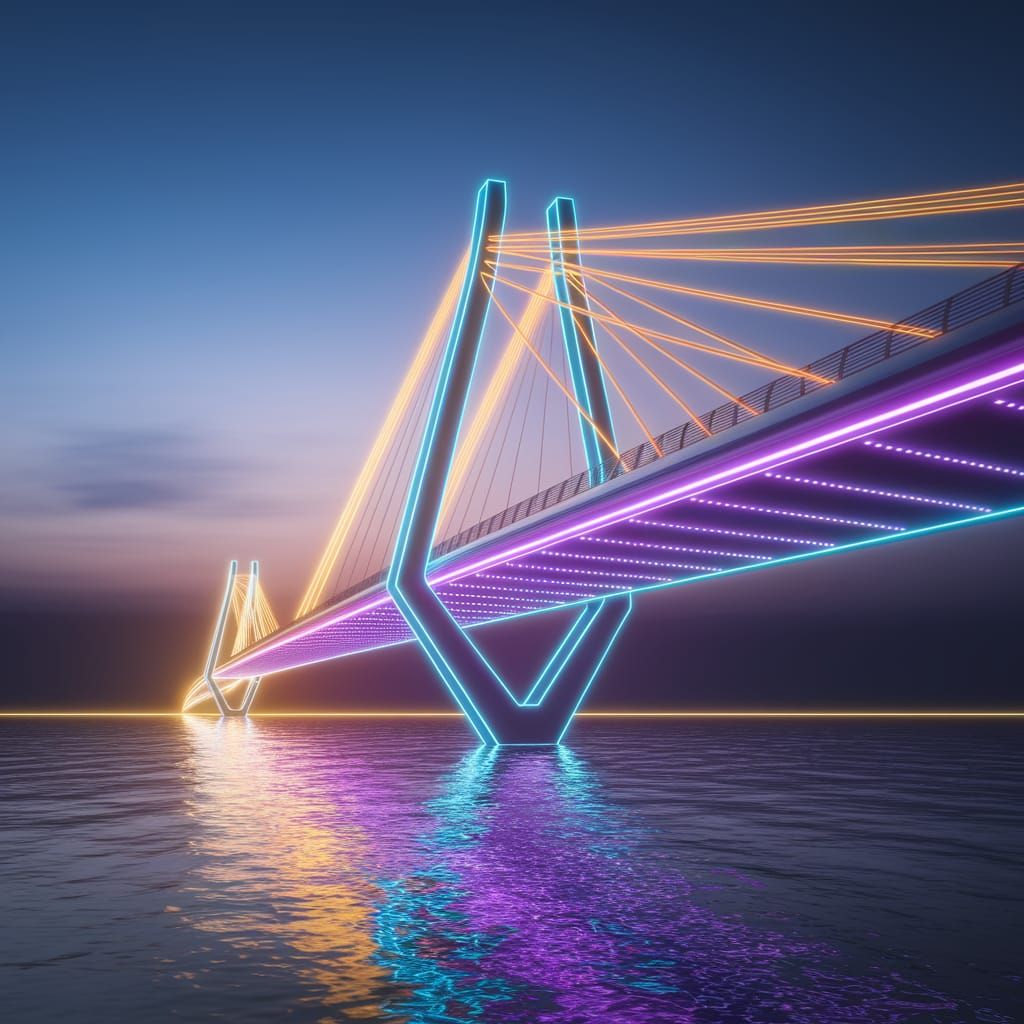 Futuristic Suspension Bridge in Vibrant Neon Lights over Glo...