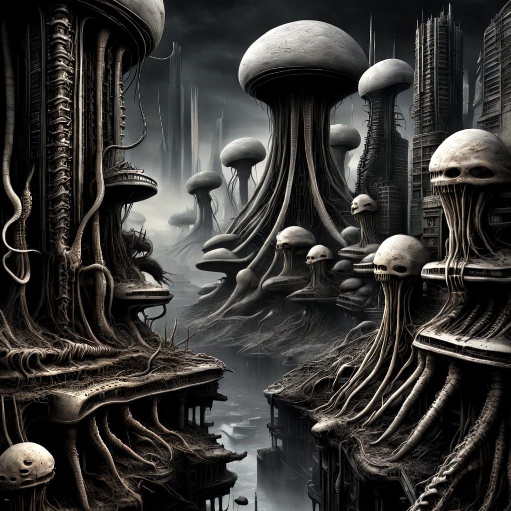 Dystopian Cityscape Infected by Cordyceps in H.R. Giger Styl...