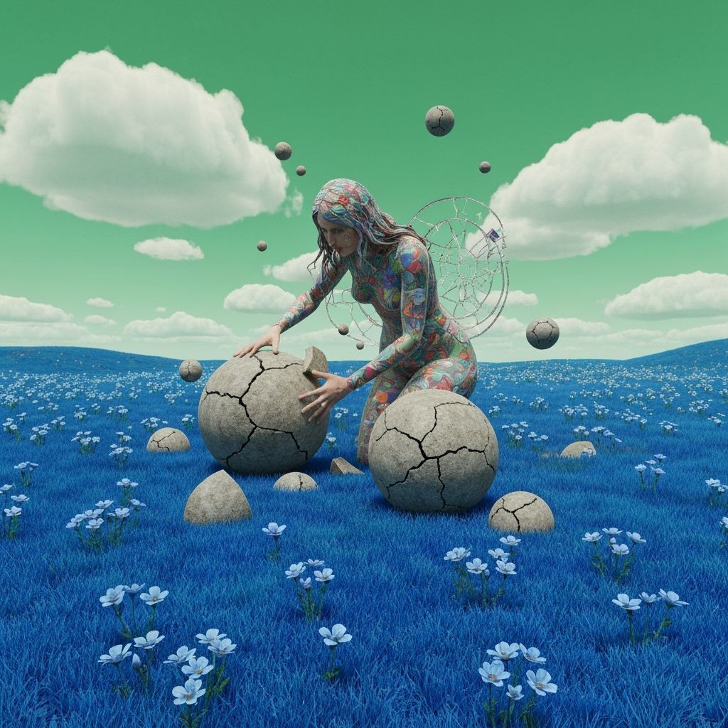 Surreal Landscape with Woman and Blue Flowers Under Green Sk...