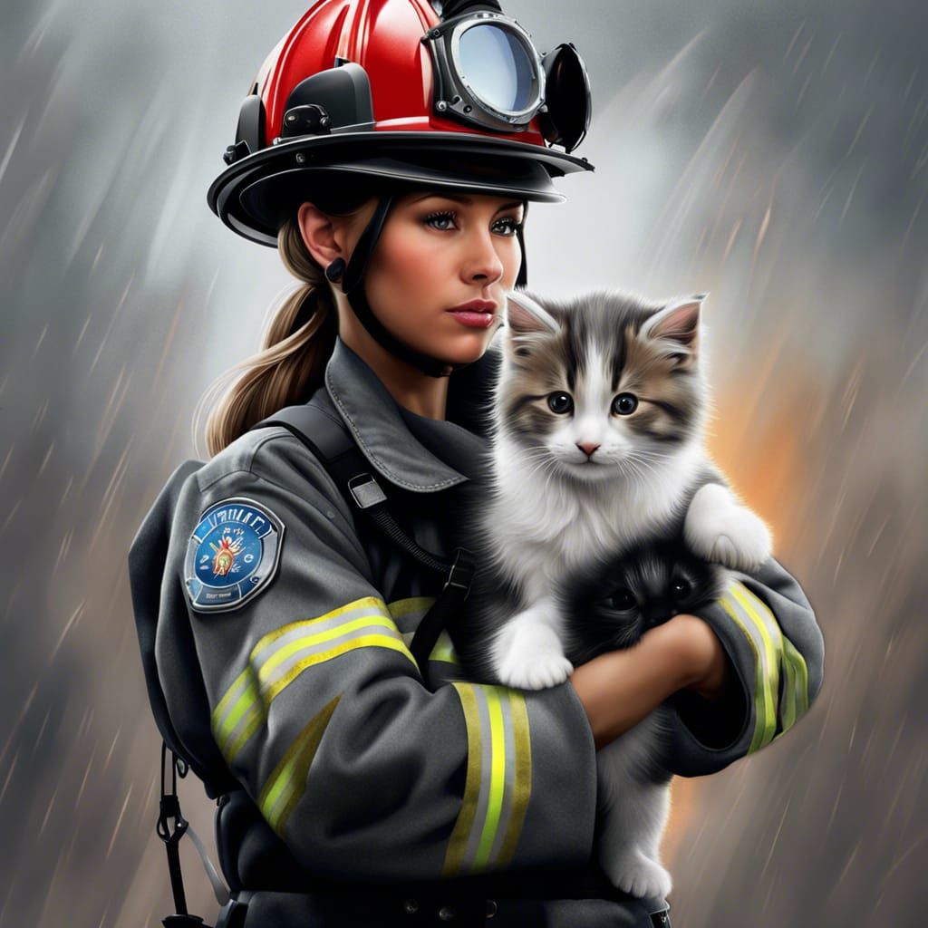 A brave female firefighter saving a cute Siberian kitten by Per.