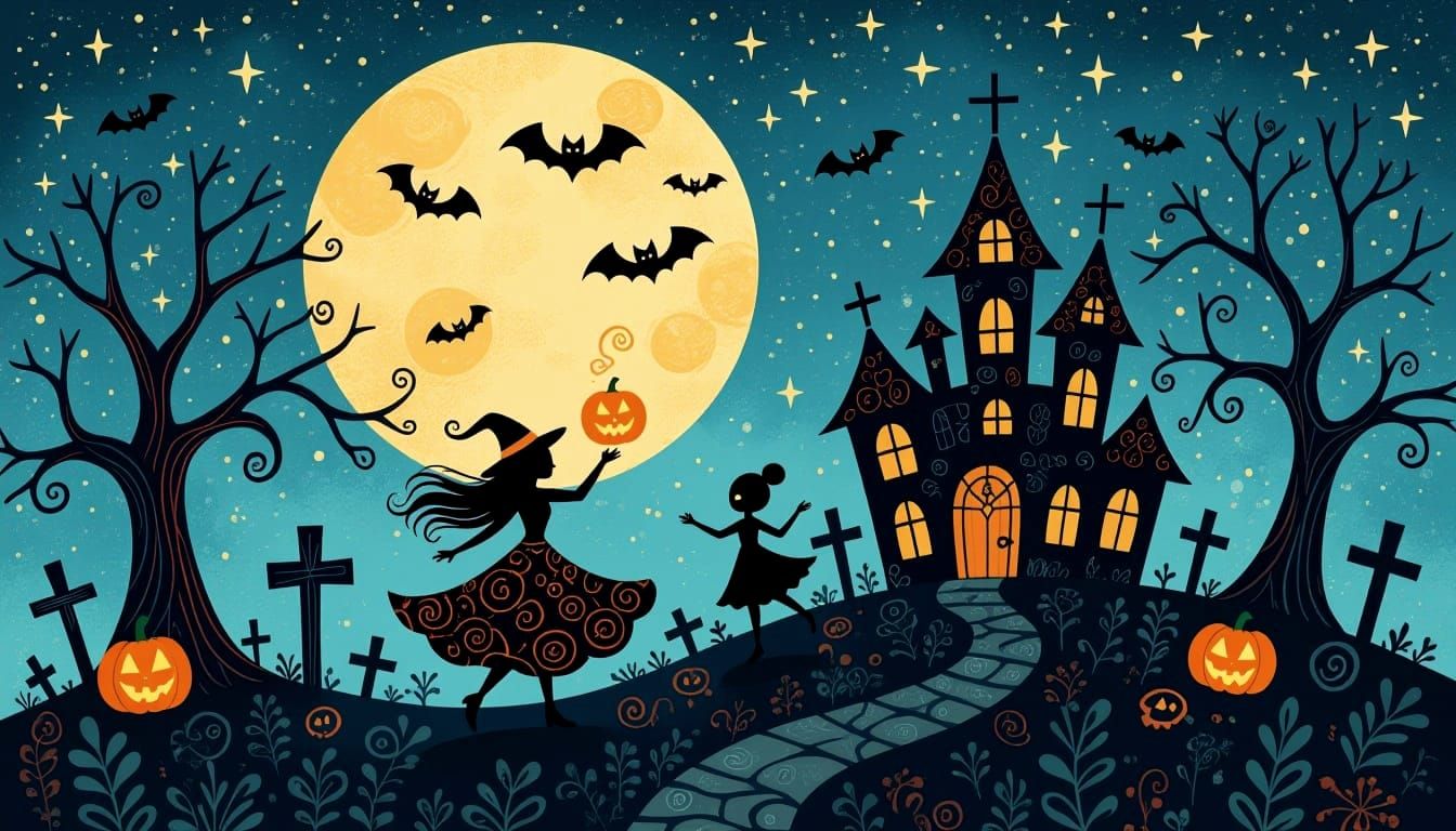 Spooky Halloween Graveyard Dance in Zentangle Style