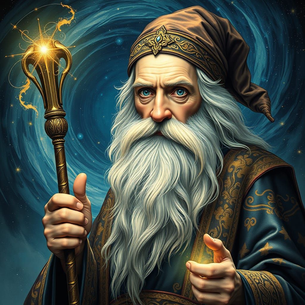 Cosmic Wizard Portrait in Art Nouveau Style