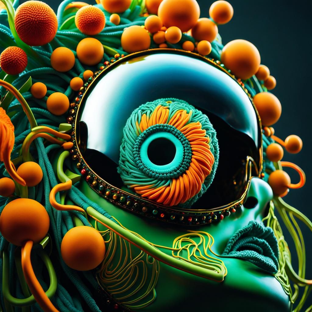 Cyberpunk Model in Neon Crochet Haute Couture