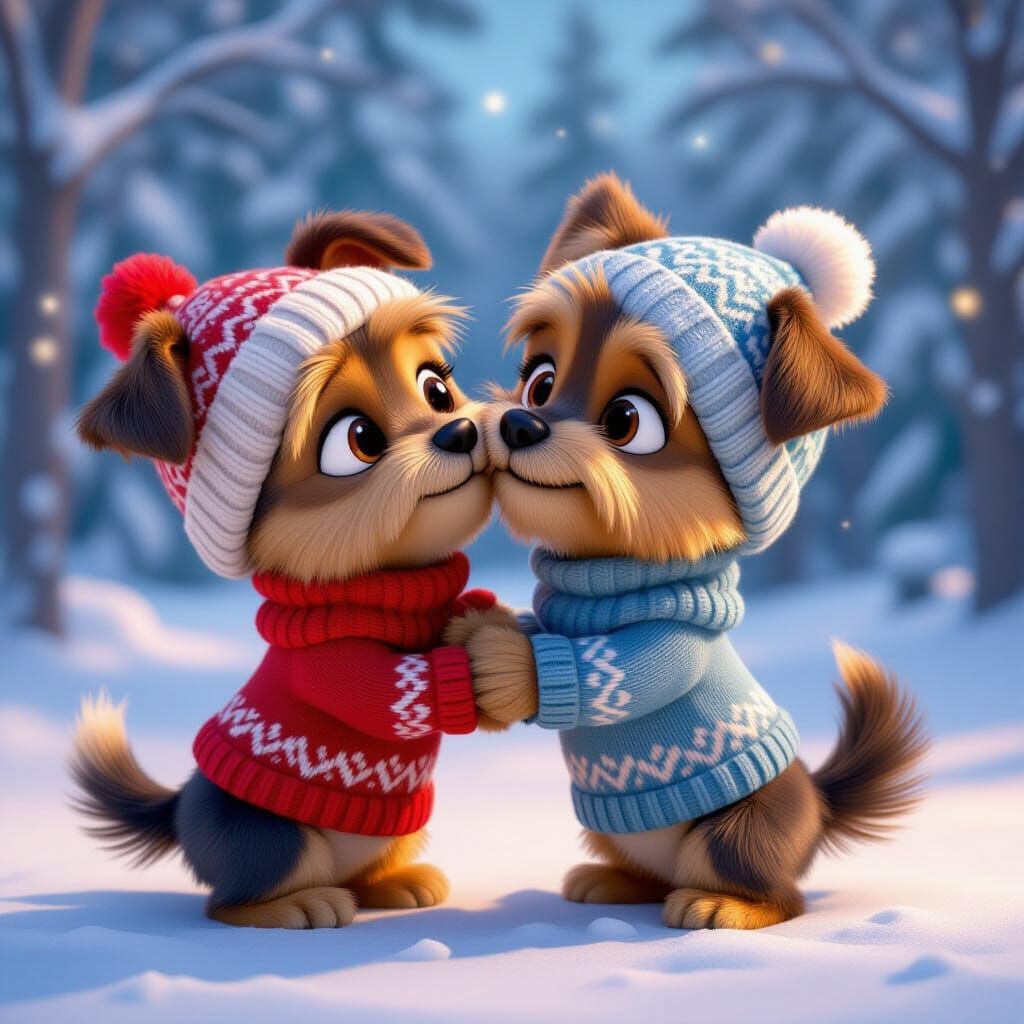 Two Yorkshire Terriers Hugging in Winter Hats