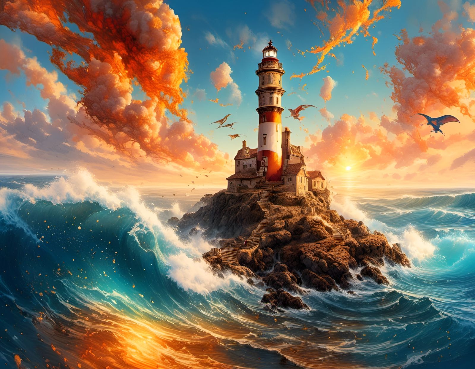 Fantasy Lighthouse Scene with Dragons at Sunset