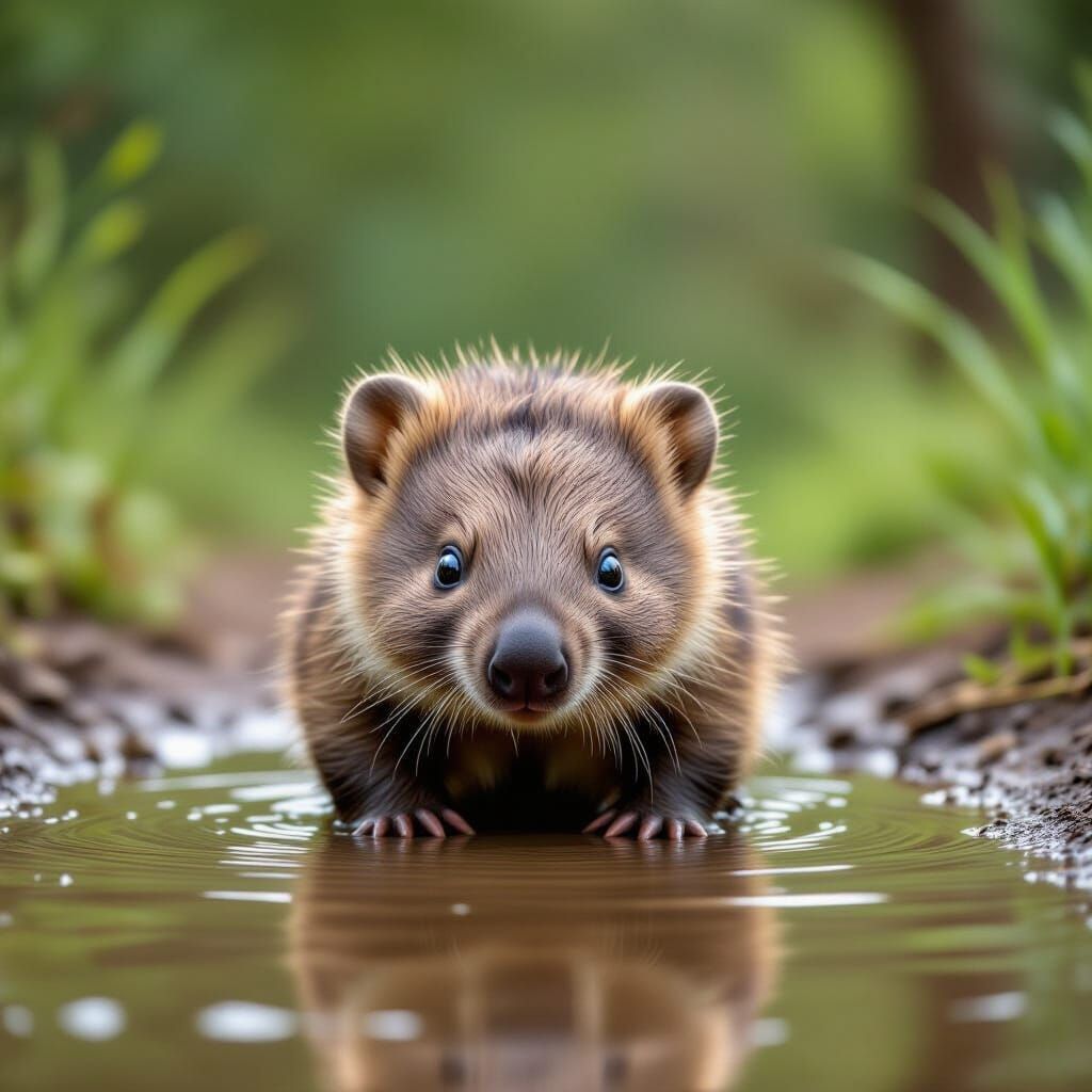 Adorable Kawaii Baby Wombat in a Puddle