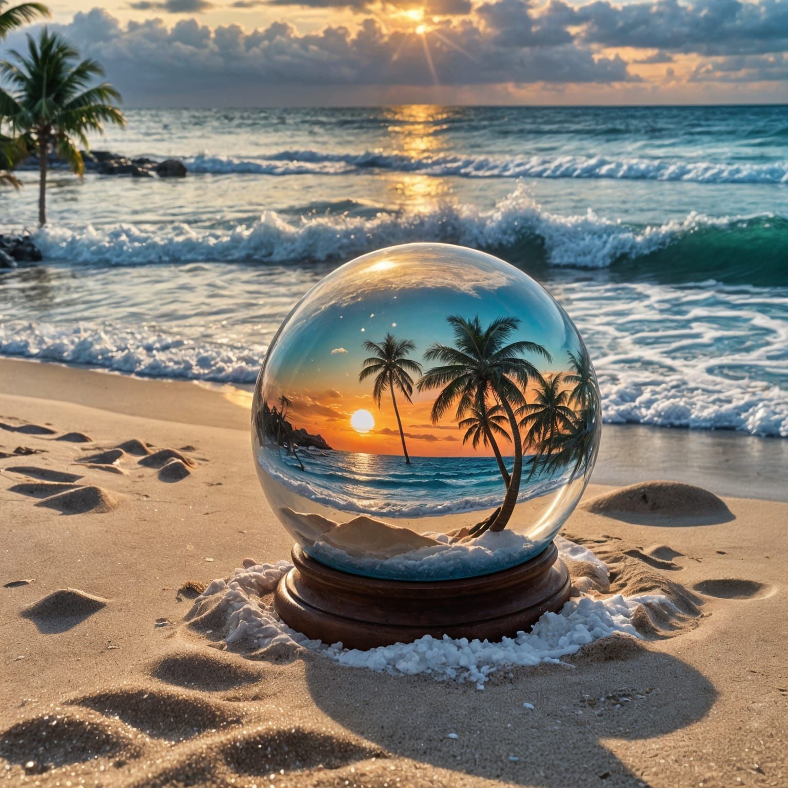 Beach Scene Sunset in Snow Globe