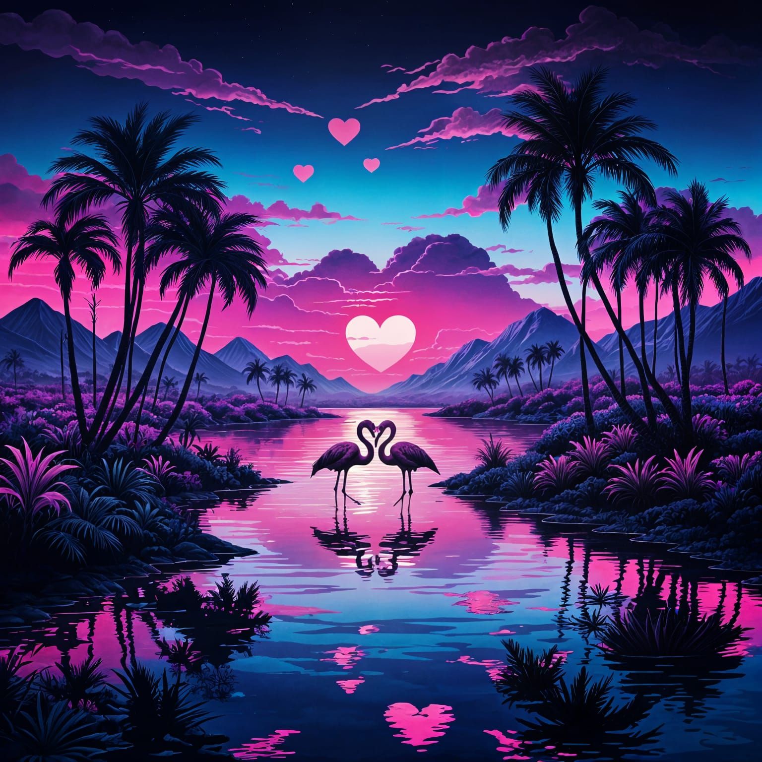 Heart-Shaped Flamingos in Neon Sunset