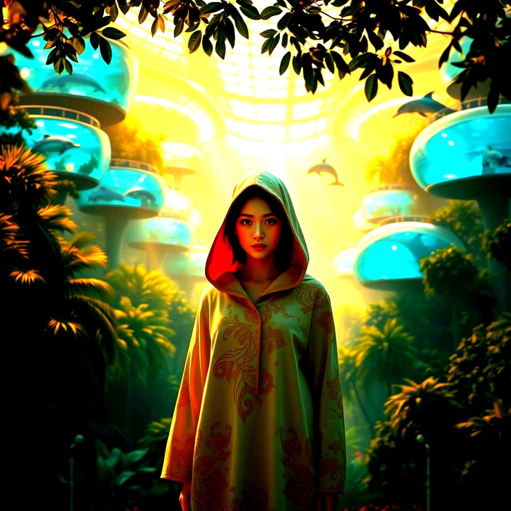 Jungle Utopia Cityscape with Asian Figure and Aquatic Wonder