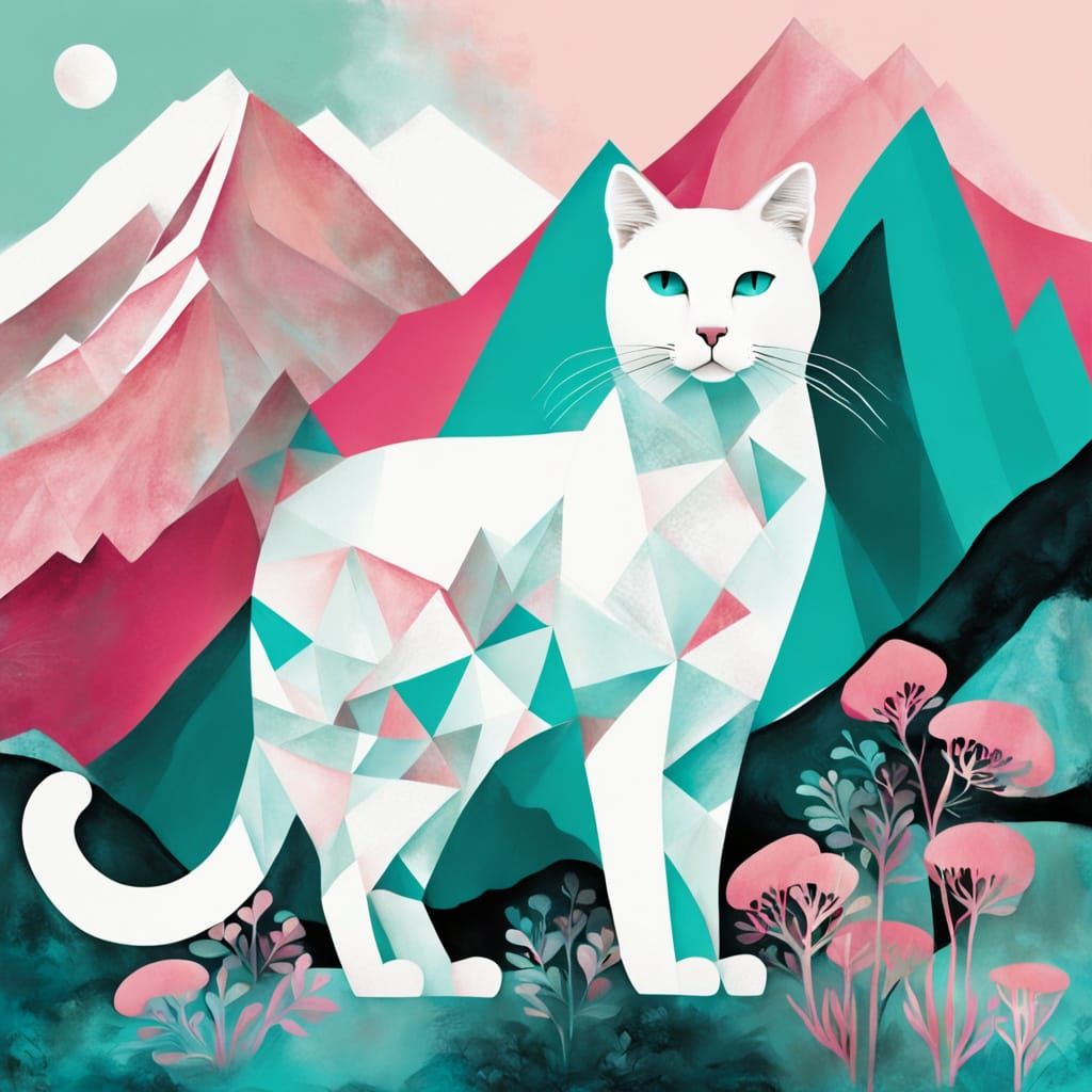 White Cat with Abstract Mountainscape Background