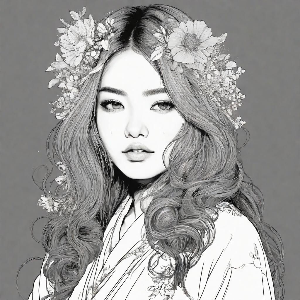 Detailed Line Art Portrait with Floral Background
