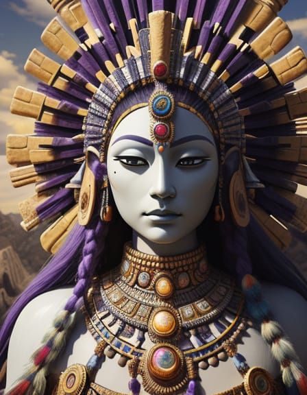 Cosmic Stone Statue with Sun Discs in Mystical Light