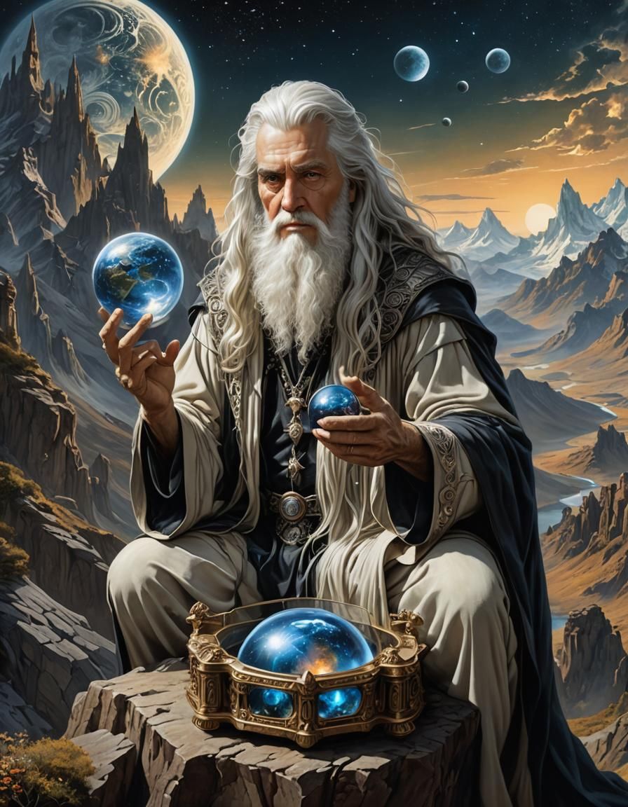 Wizard on Mountain in Surreal Dark Fantasy Style