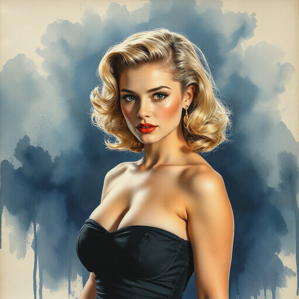 1950s Pin-Up in Whiskey-Splatter Watercolor Style