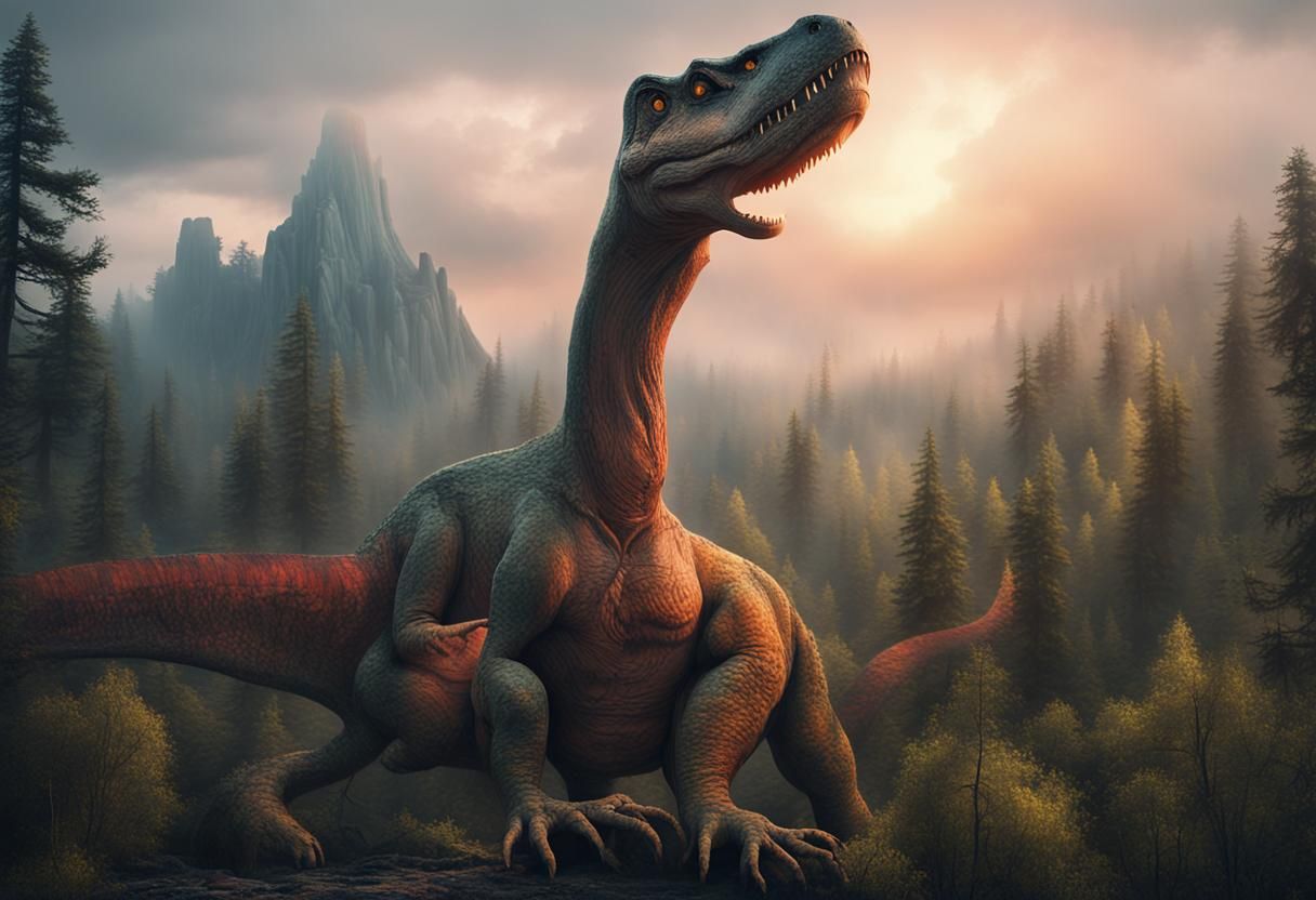 T-Rex in Prehistoric Landscape as Oil Painting