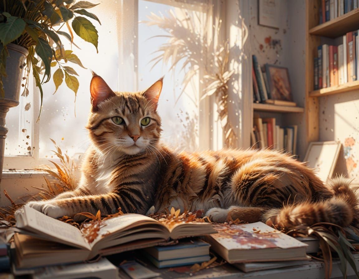 Tabby Cat in Warm Bookshop, Painterly Realism