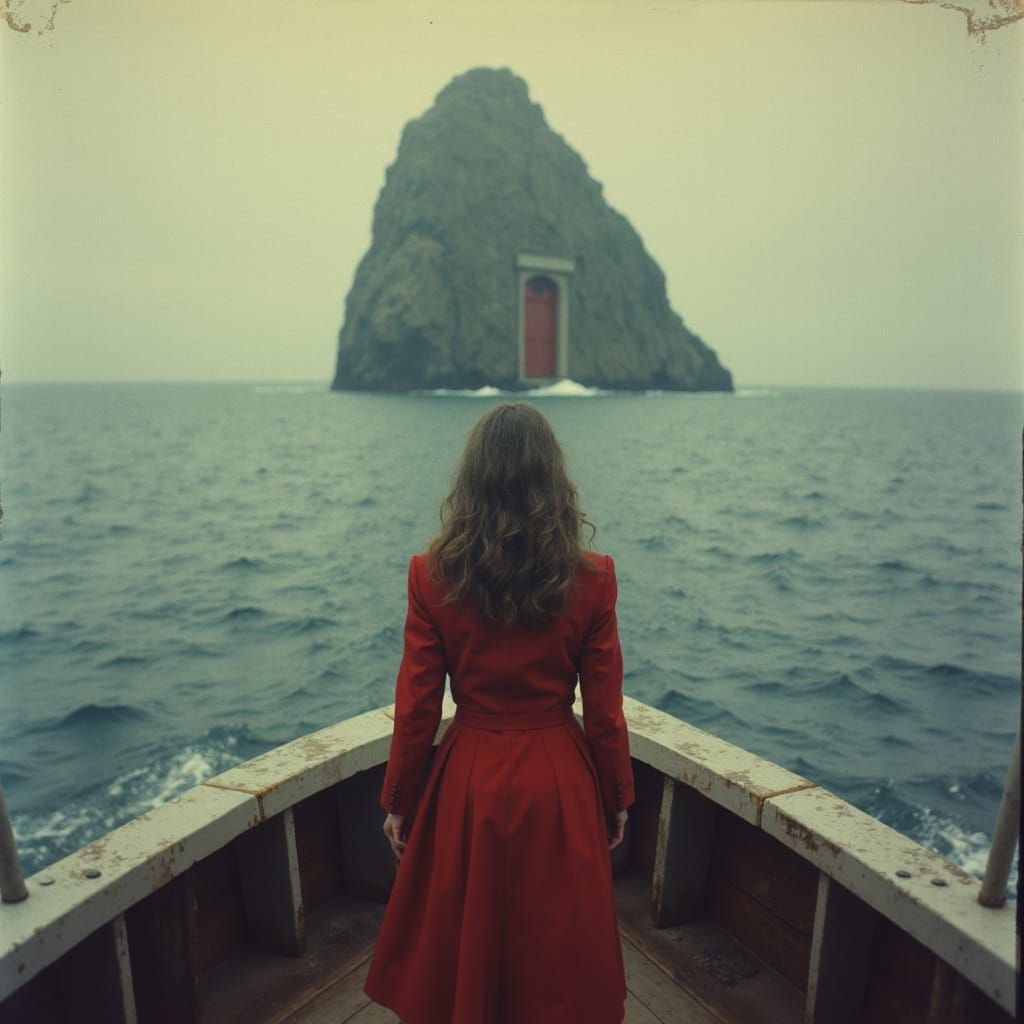 Woman in Red Coat Finds Door at Sea