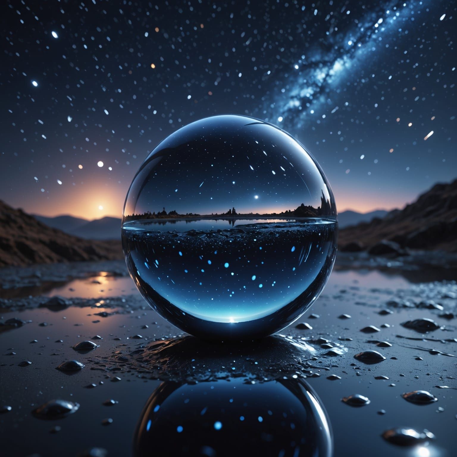 Midnight Blue Water Droplet Reflecting Starlit Sky