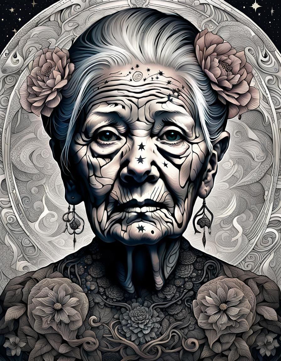 Sad Tattooed Woman Portrait with Starry Night