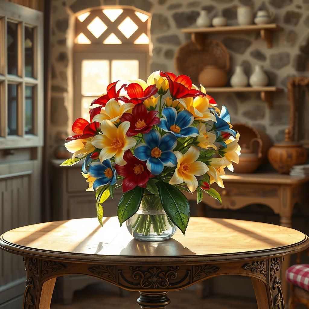 Enameled Glass Flowers in Cottage, Art Nouveau Style