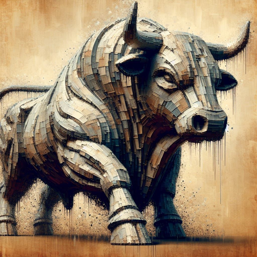 Brutalist Bull Sculpture in Mixed Media