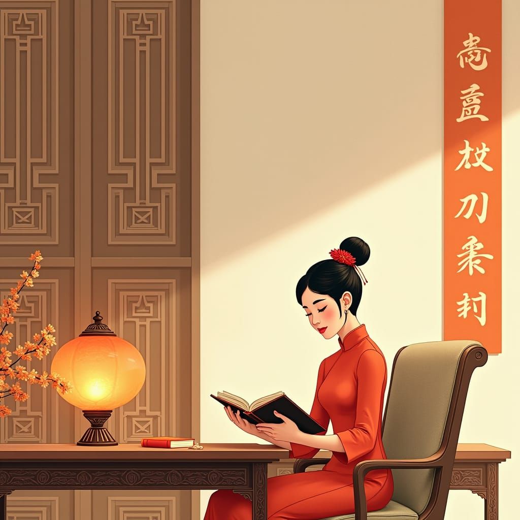 Elegant Chinese Lady Reading Book with Lantern