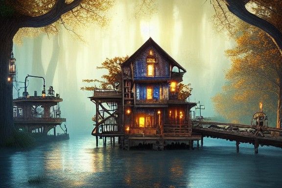 Overgrown Golden Steampunk Woodshop by River, Hyperrealistic...