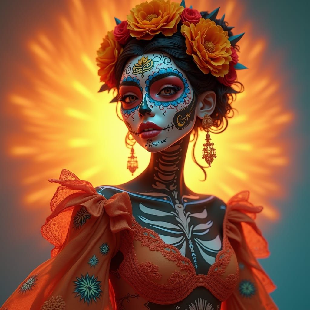 Elegant Woman Celebrates Día de los Muertos in Vibrant Color...