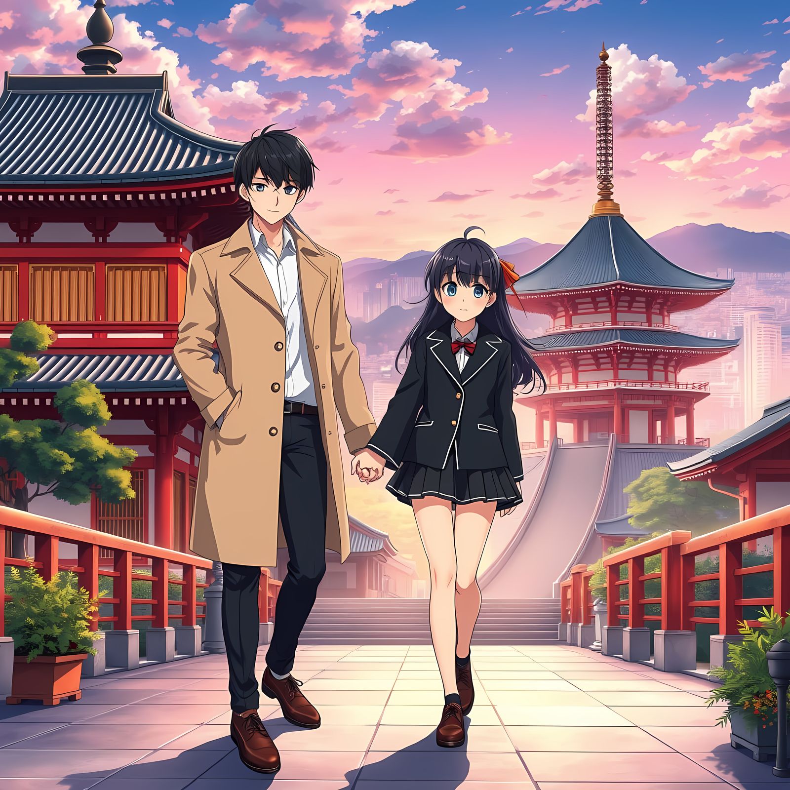 Elegant Student Couple Amidst Tokyo Temple