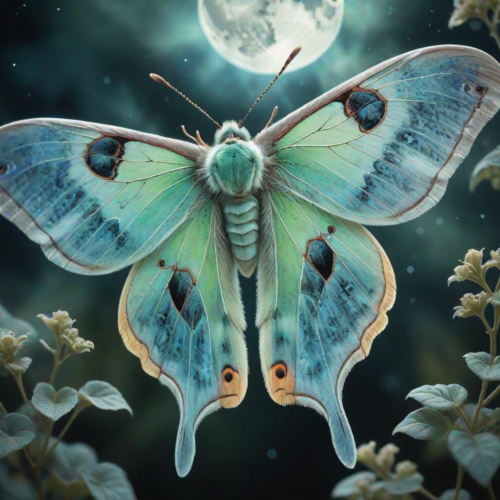 Lunar Moth Shimmers in Ethereal Moonlit Glow