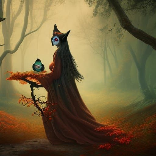 Autumn Witch in Forest With Owl: Detailed Matte Painting