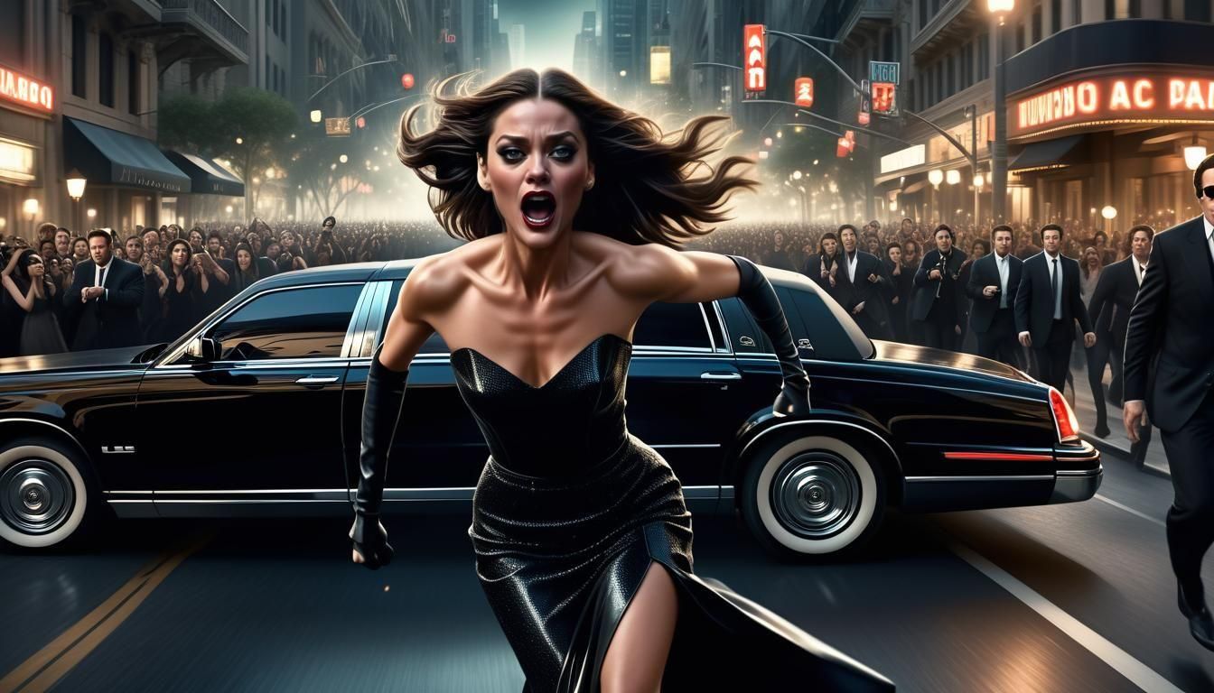 Celebrity Chase Scene in a Neon Cityscape